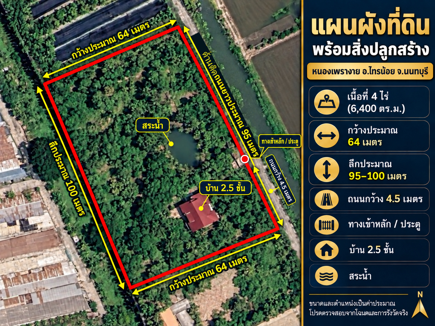 ขายที่ดิน 4 ไร่ ไทรน้อย นนทบุรี พร้อมบ้าน 2.5 ชั้นและสระน้ำ